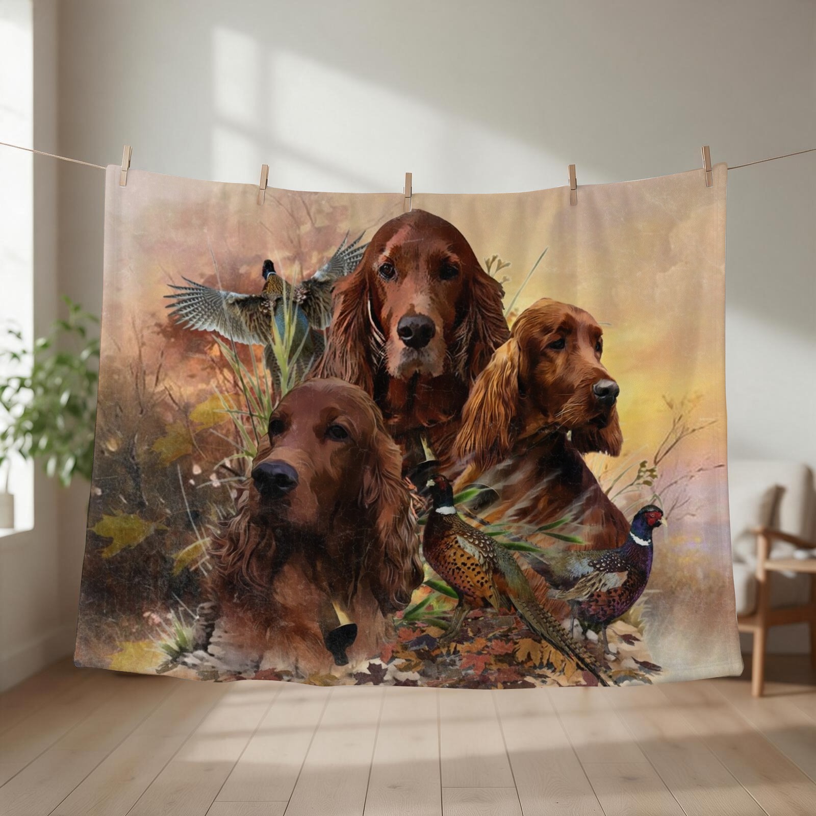 Outdoor Hunting Blanket - Irish Setters mit Fasanen – „Passion