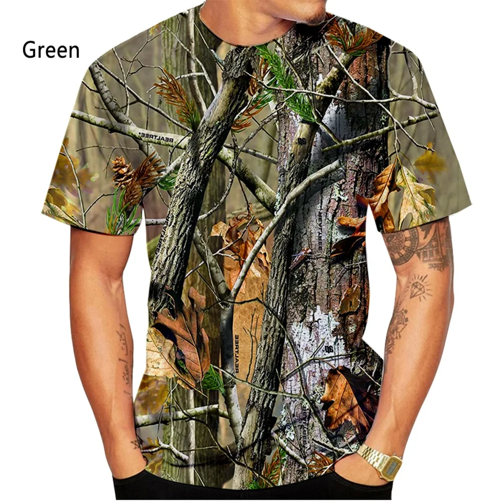 Hunting And Outdoor Shop - Modisches Herren-T-Shirt mit realistischem Baumblatt-Camo-3D-Druck, Jagd-Outdoor-Rundhalsausschnitt,